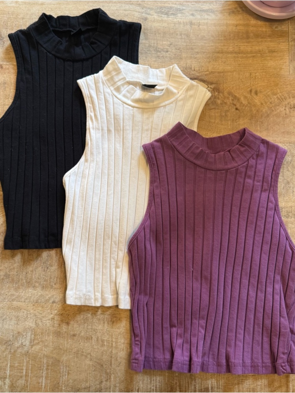 SHEIN Ribbed Mock Neck Sleeveless Tanks - Black, White, Purple